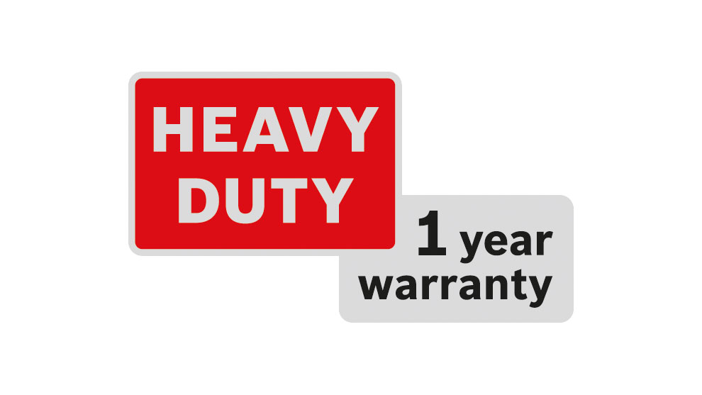 ป้ายสีแดงที่เขียนว่า "HEAVY DUTY" และข้อความสีเทา "การรับประกัน 1 ปี".