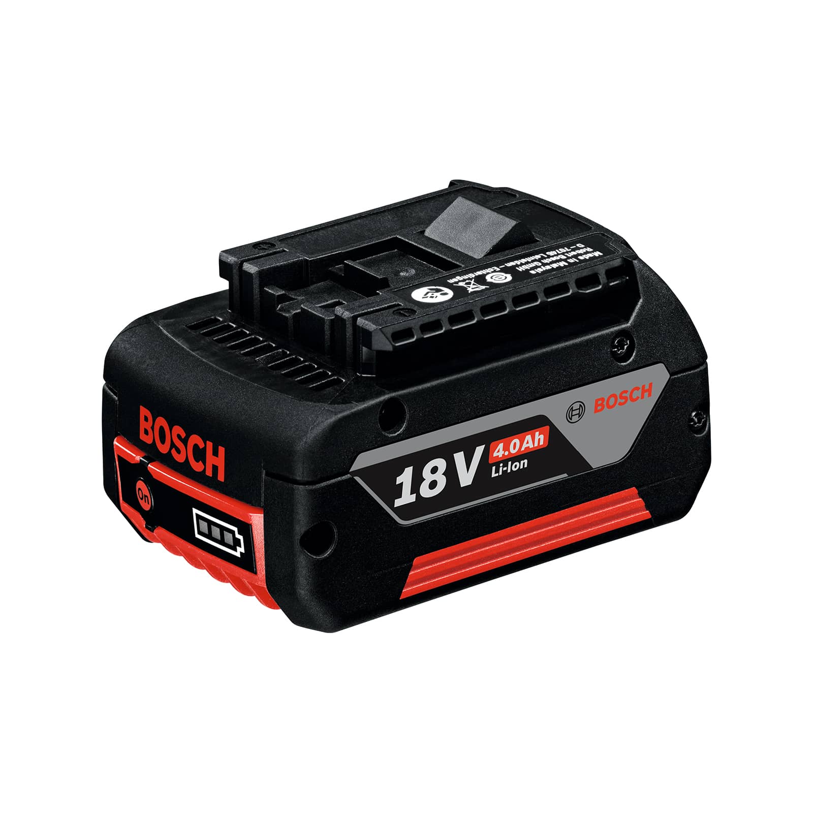 แบตเตอรี่ Bosch Professional 18V สีดำพร้อมจุดเด่นสีแดง.
