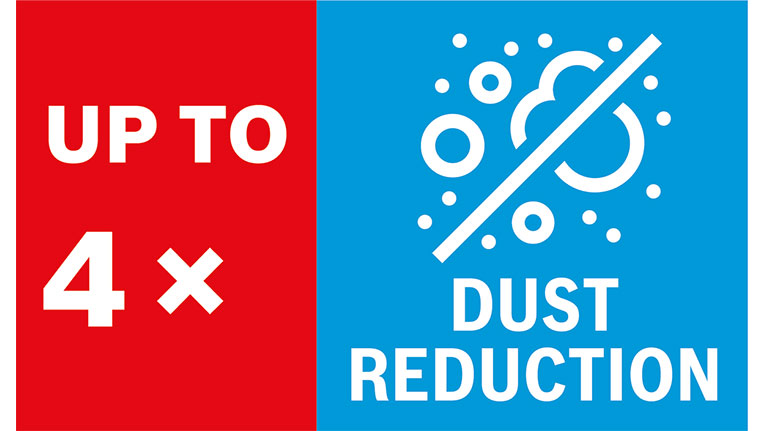 โลโก้สีแดงและสีน้ำเงินพร้อมข้อความและสัญลักษณ์สำหรับการลดฝุ่น.