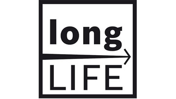 โลโก้ที่มีข้อความว่า “long LIFE” สีดำบนพื้นหลังสีขาว.
