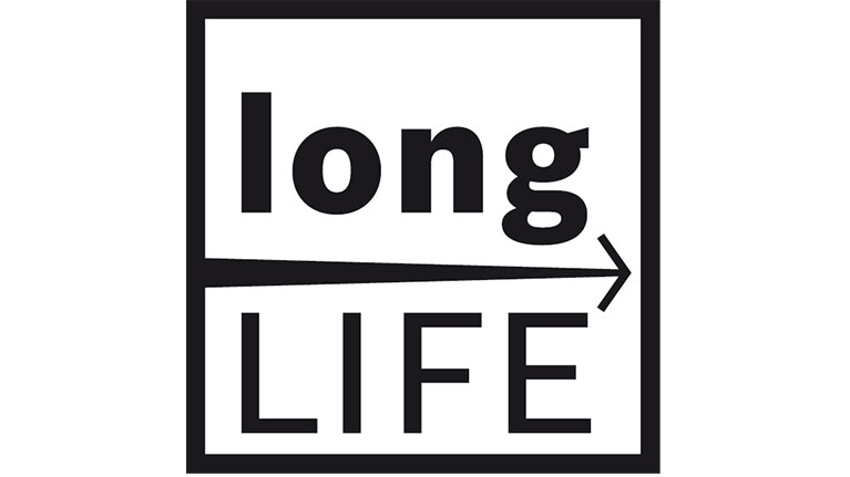 โลโก้ที่มีข้อความ 'long LIFE' สีดำบนพื้นขาว, ลูกศรชี้ไปทางขวา.