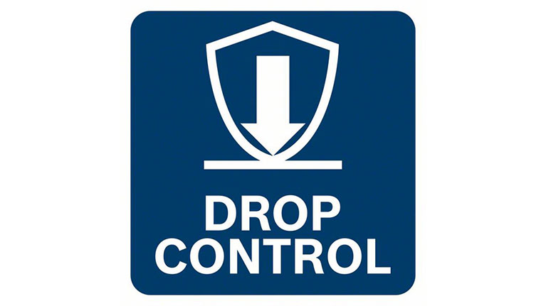 สติกเกอร์ความปลอดภัยสีน้ำเงินที่มีข้อความว่า "DROP CONTROL" และสัญลักษณ์ป้าย.