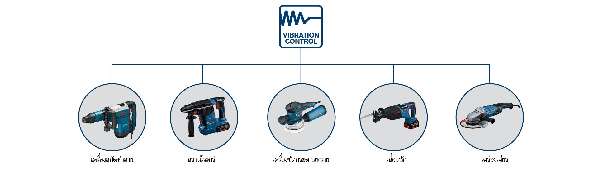เครื่องมือมืออาชีพของ Bosch สีน้ำเงิน จัดเรียงในห้ากลม.