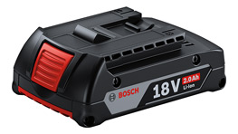 แบตเตอรี่ Bosch Professional 18V สีดำพร้อมรายละเอียดสีแดงบนพื้นหลังสีขาว.