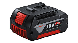 แบตเตอรี่ Bosch Professional 18V สีดำพร้อมจุดเด่นสีแดงบนพื้นหลังสีขาว.