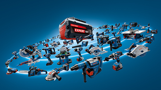 เครื่องมือ Bosch Professional ต่างๆ ที่จัดกลุ่มรอบแบตเตอรี่สีดำ.