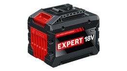 แบตเตอรี่ Bosch Expert 18V สีดำพร้อมจุดเด่นสีแดง.