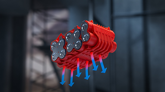 เครื่องมือ Bosch Professional สีแดงที่มีเซลล์แบตเตอรี่สีดำหกเซลล์ลอยอยู่.