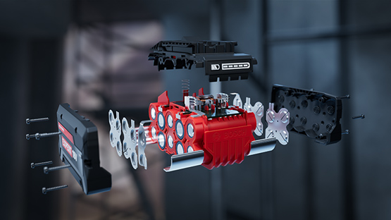 โมเดลมอเตอร์ Bosch Professional สีแดงที่ถอดประกอบแล้วพร้อมชิ้นส่วนจัดเรียง.