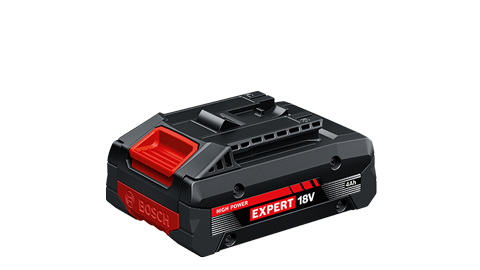 แบตเตอรี่ Bosch Expert 18V สีดำพร้อมด้ามจับสีแดงบนพื้นหลังสีขาว.