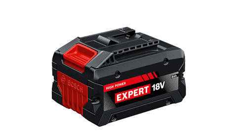 แบตเตอรี่ Bosch Expert 18V สีดำที่มีการออกแบบสีแดงบนพื้นหลังสีขาว.