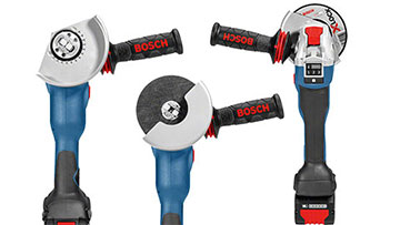 เครื่องเจียรมุม Bosch Professional สีน้ำเงินและสีเงินจำนวนสามเครื่องจัดเรียงไว้.